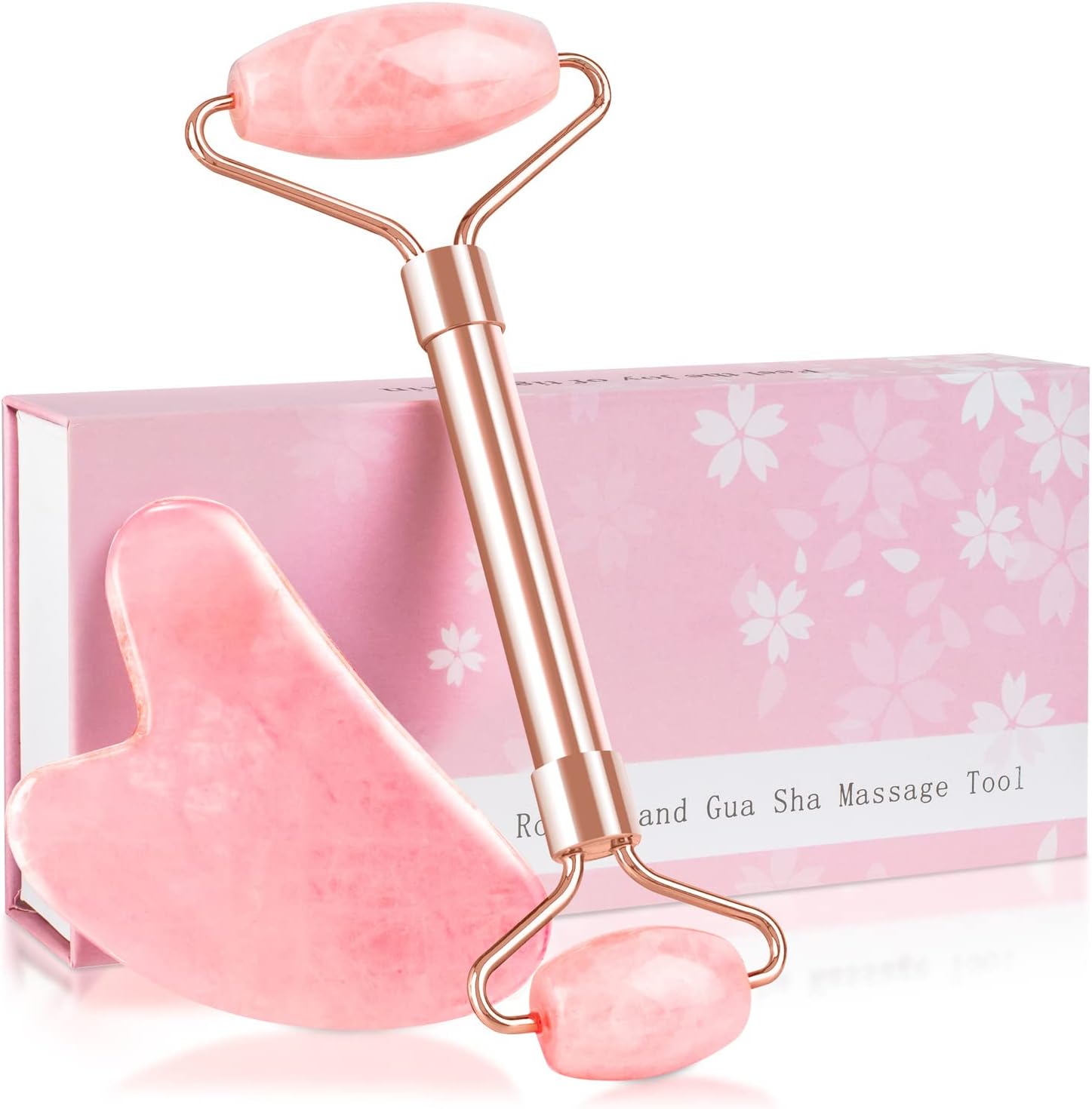 Jade Roller & GuaSha Set-Facial Beauty Roller Skin Care Tools, Rose Quartz Massager for Face, Eyes, Neck, Body to Relieve Wrinkles,Fine Line and Eyepuffiness