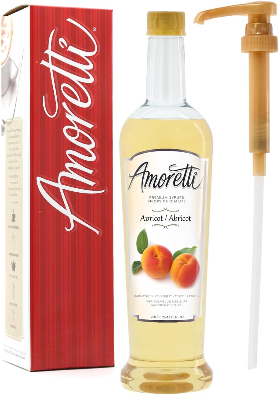 Amoretti - Premium Apricot Syrup, 94 Servings Per Bottle (750 ml), with Pump for Flavoring Coffees, Cocktails, and other Beverages, Gluten Free, GMO/GEO Free, Preservative Free