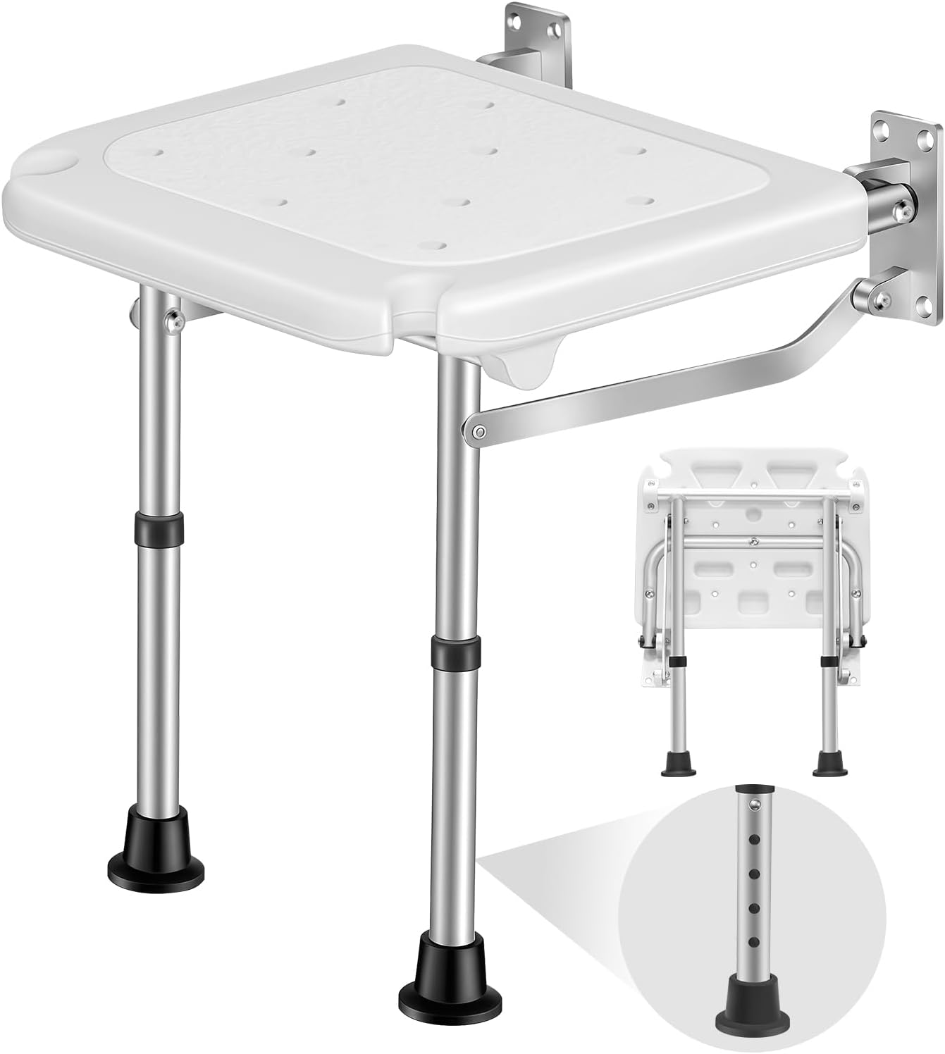 Wall Mounted Folding Shower Seat - Height-Adjustable Bathroom Safety Stool, 400lbs Heavy Duty Support, Foldable Shower Bench for Elderly, Adults, Pregnant Women & Disabled Users