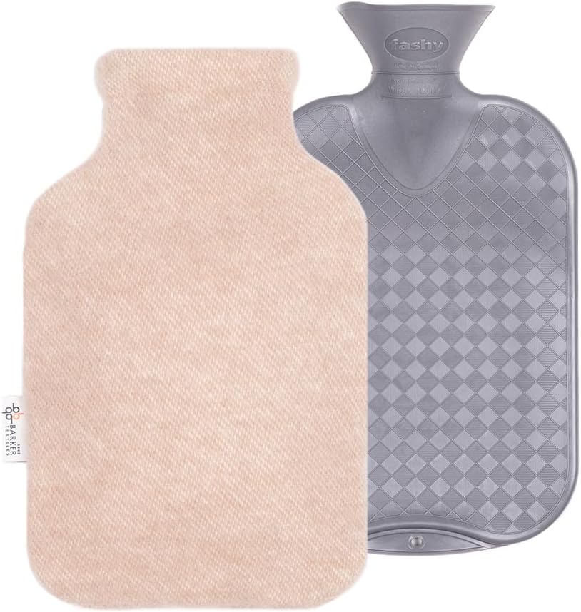 2.0L Fashy Hot Water Bottle with Barker Textiles 100% Wool Cover (Beige) Hot Water Bag with Cover