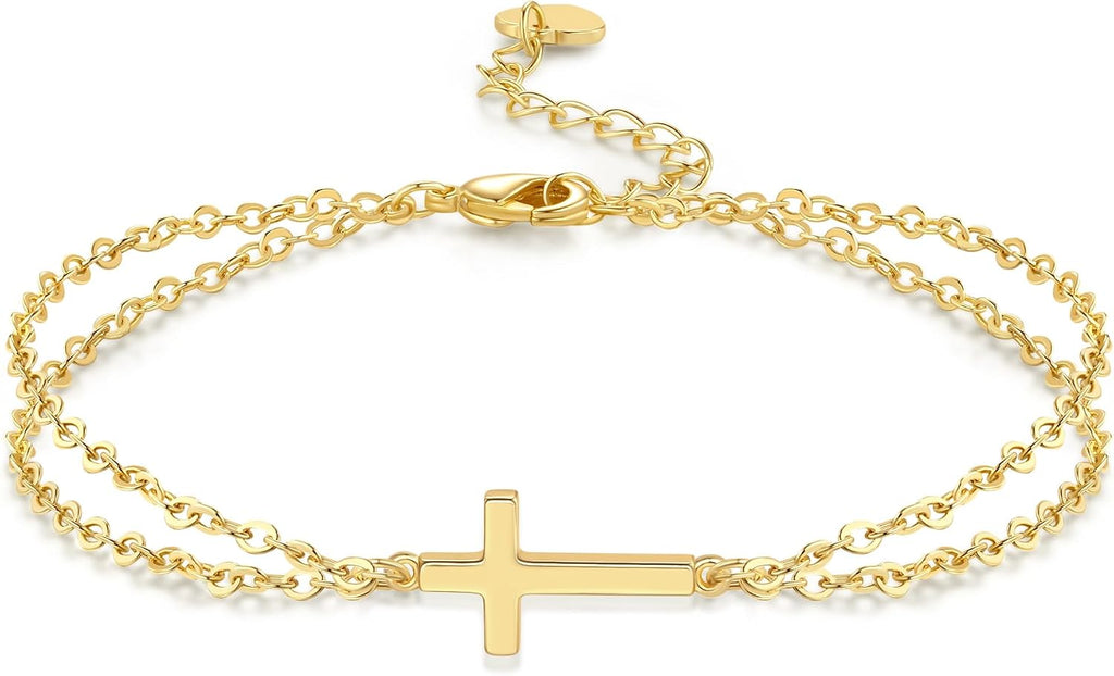 Gold Bracelets for Women 14K Gold Sideways Cross Bracelet for Women Religious Christian Bracelets for Womens Delicate Modern Stacked Look Double Layered Bracelet for Womens