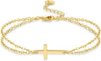 Gold Bracelets for Women 14K Gold Sideways Cross Bracelet for Women Religious Christian Bracelets for Womens Delicate Modern Stacked Look Double Layered Bracelet for Womens