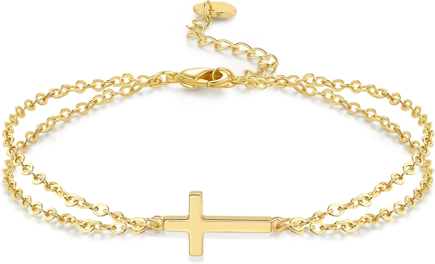 Gold Bracelets for Women 14K Gold Sideways Cross Bracelet for Women Religious Christian Bracelets for Womens Delicate Modern Stacked Look Double Layered Bracelet for Womens