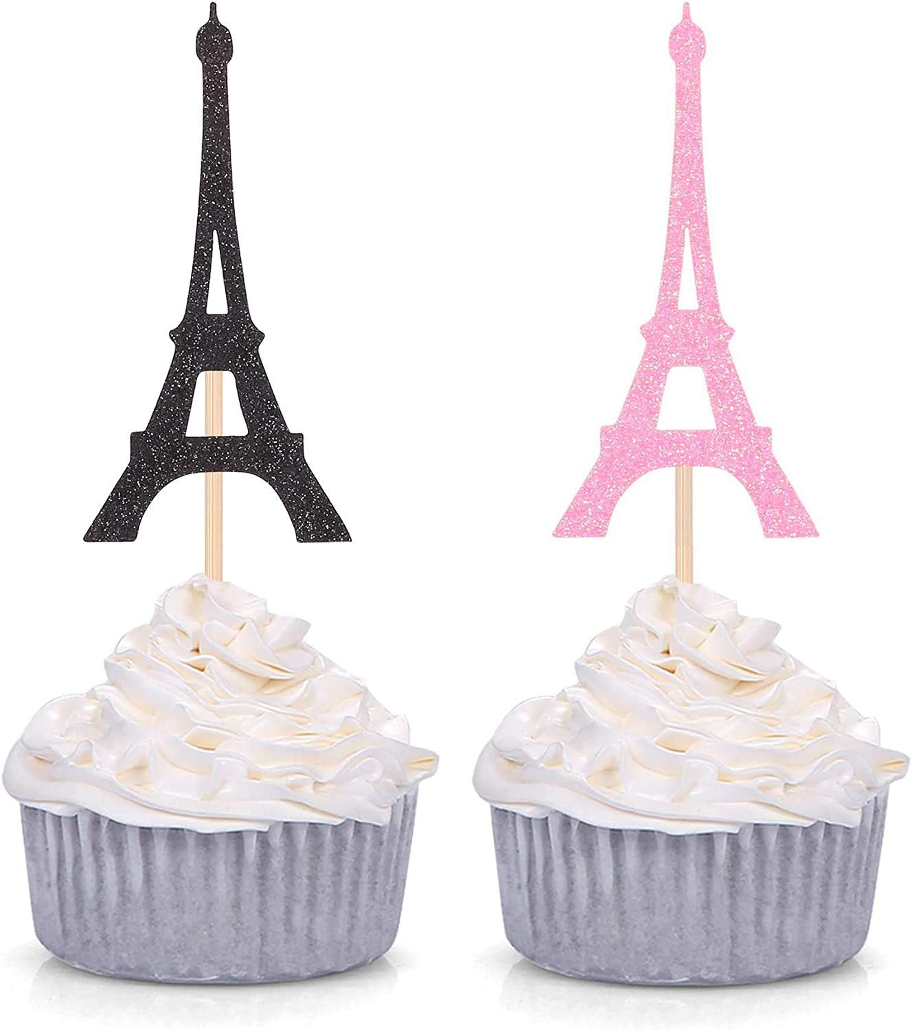 24 Counts Paris Theme Cupcake Toppers Eiffel Tower Shape Party Picks Wedding Bridal Shower Decorations - 12 Pink and 12 Black