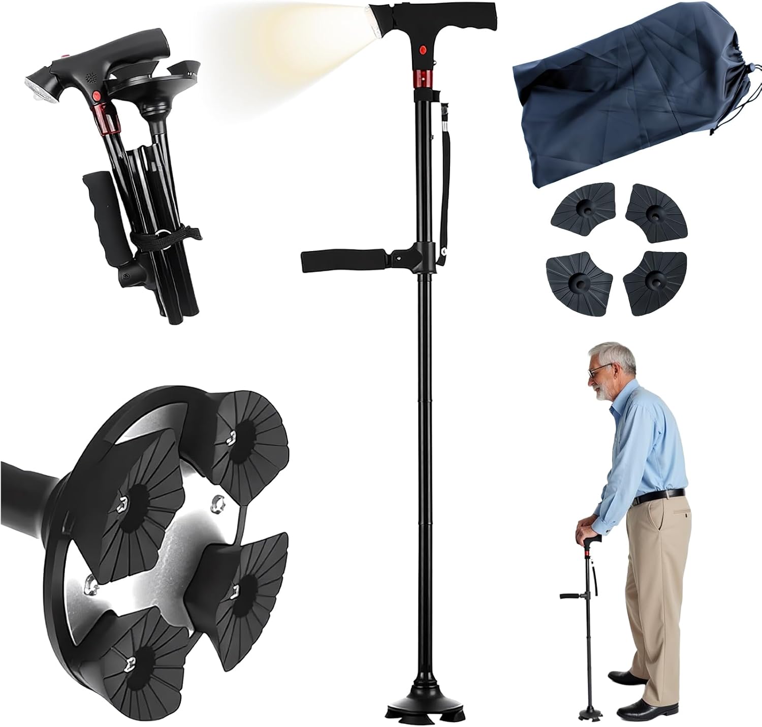 Walking Cane for Women & Seniors Balance – Foldable Adjustable Smart Cane for Men with LED Light & Alarm, Four-Leg Base & Double Handles, Lightweight Mobility Aid for Elderly Stability