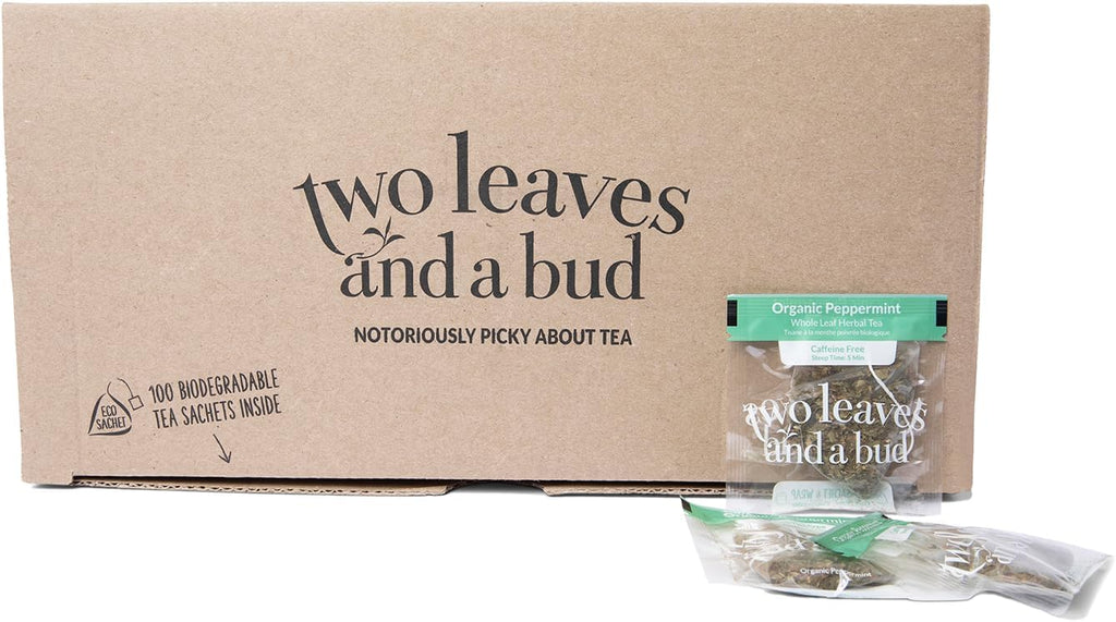 Two Leaves and a Bud Organic Peppermint Tea Bags, Naturally Caffeine Free, Herbal Whole Leaf Peppermint Tea in Compostable Sachets, 100 Count (Pack of 1)