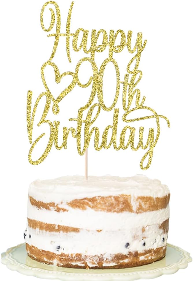 Gold Glitter Happy 90th Birthday Cake Topper - Cheers to 90 Years Cake Topper, 90 & Fabulous Cake Decoration for Hello 90th Birthday Anniversary Party Cake Decorations Supplies