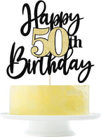 Black Gold Glitter Happy 50th Birthday Cake Topper,Happy 50 Birthday Cake Decoration for 50 & Fabulous Birthday,Hello 50 Party Anniversary Party Cake Decorations Supplies