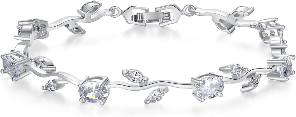 BISAER Lovely White Gold Plated AAA Cubic Zirconia Gemstone Flower Vine 7 Inches Bracelet for Mothers