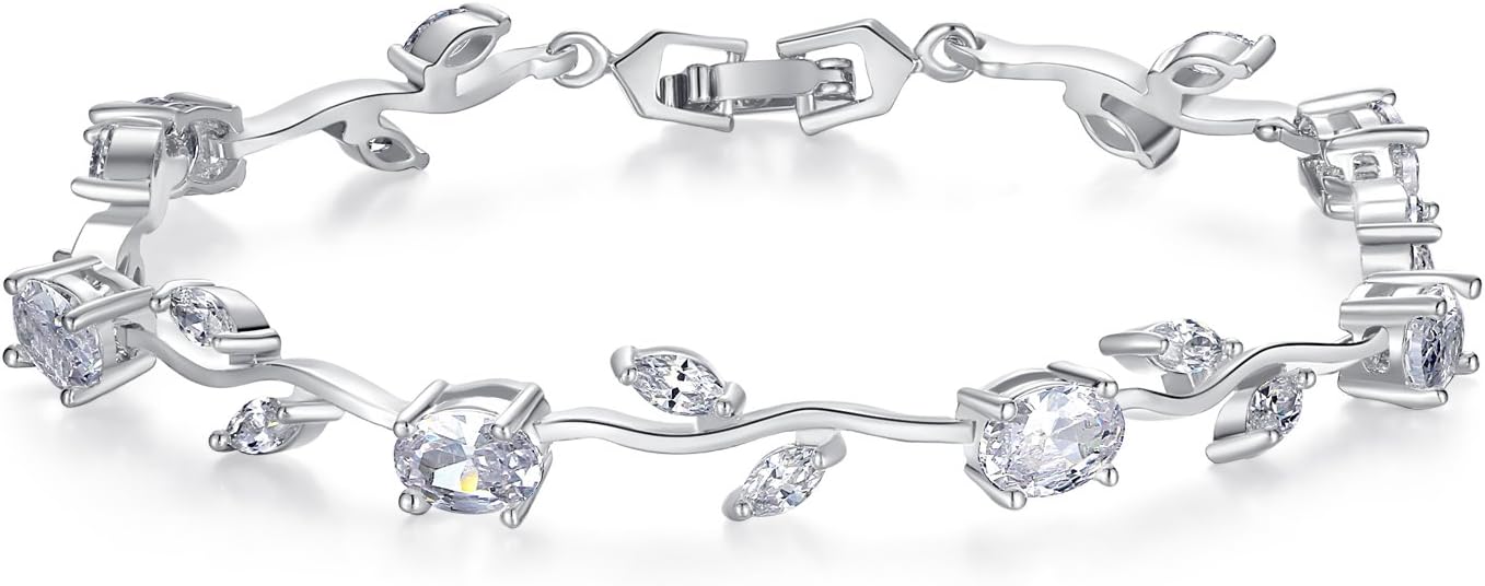 BISAER Lovely White Gold Plated AAA Cubic Zirconia Gemstone Flower Vine 7 Inches Bracelet for Mothers
