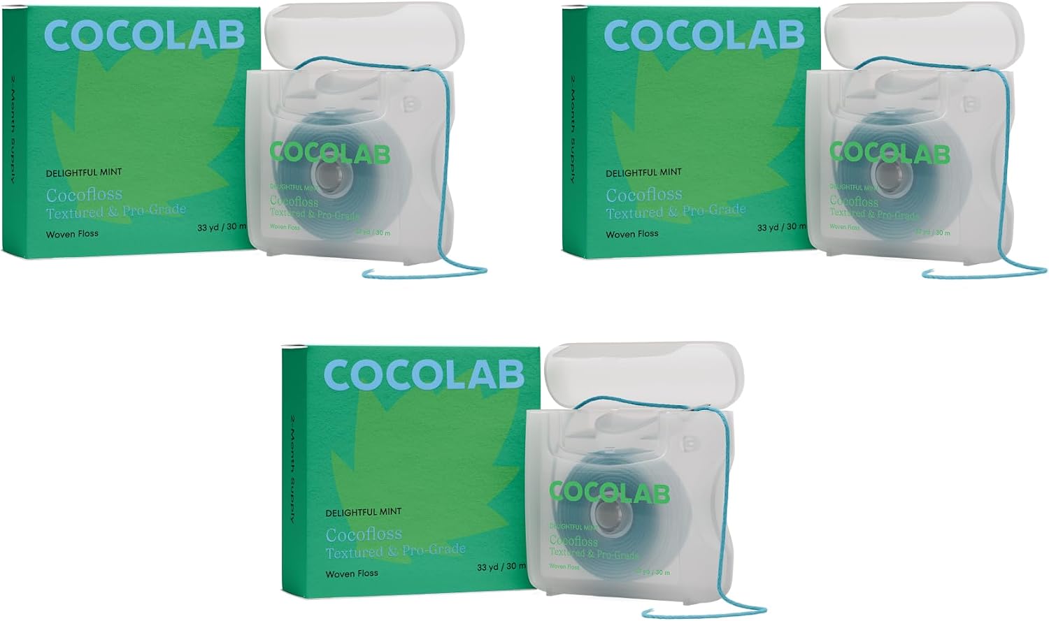 Cocofloss Expanding Woven Dental Floss by Cocolab, Waxed Tooth Floss for Daily Oral Care, Coconut Oil Infused, Vegan, for Adults and Kids, Mint Scent, 3 Pack
