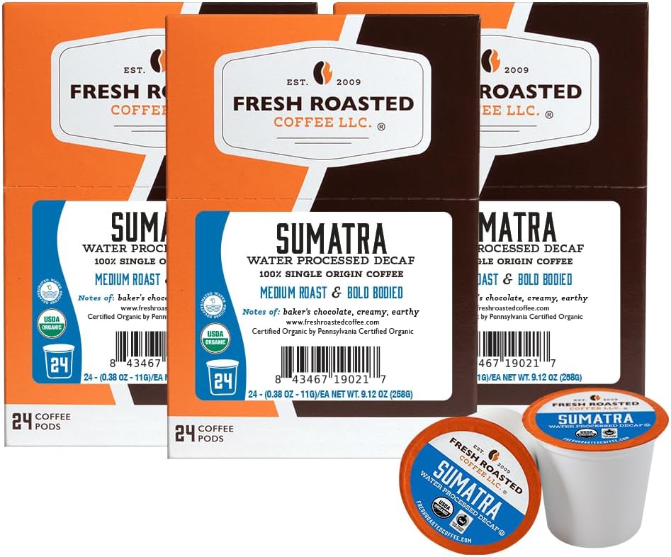 Fresh Roasted Coffee, Organic Sumatra Water-Processed Decaf | 100% Single Origin, USDA Organic, Kosher | Medium Roast K-Cup Compatible | 72 Pods