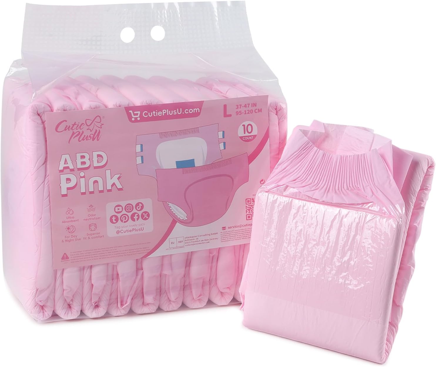CutiePlusU Disposable Adult Diaper Heavy Absorption Dry Surface Adult Diapers All Night- Pink 10 Pieces (Large 36"-46")