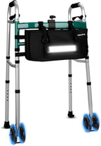 Folding Dual-Wheel Walker for Seniors with Motion Sensor Night Light & Storage Bag, Lightweight Adjustable Aluminum Walker for Elderly and Disabled, Compact Design for Small Spaces, Supports 400 lbs