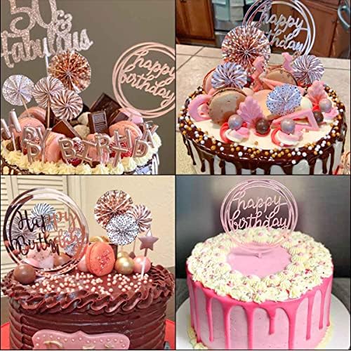 Cake Topper Decoration Set Acrylic Glitter Happy Birthday Cake Topper with Confetti Balloon Paper Fans Firework Cupcake Toppers for Rose Golden Theme Decor Women Birthday Party Supplies (Rose Gold)