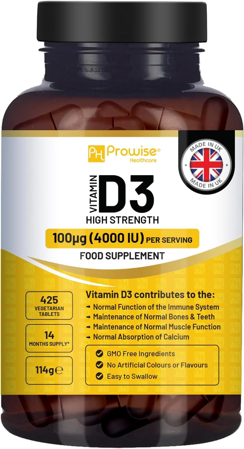 Vitamin D3 4000IU High Strength I 425 Vegetarian Tablets (14 Months Supply) I Easy Swallow Vitamin D3 Supplement for Immune Support, Calcium Boost, Bone & Muscle I Made in the UK by Prowise Healthcare