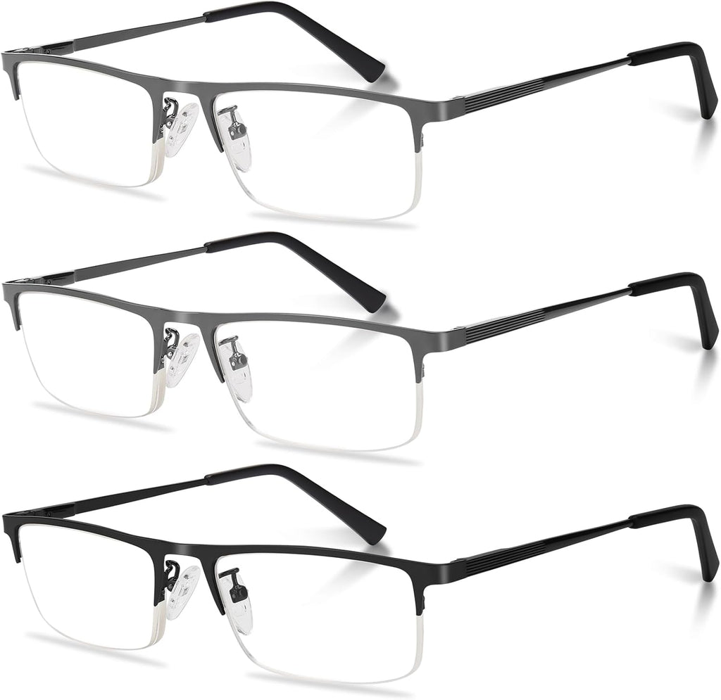 3-Pack Reading Glasses for Men, Lightweight Metal Half Frame Blue Light Blocking Computer Readers, Stylish Filter UV Ray/Computer Glare with Spring Hinge Eyeglasses(2PCS Gray+1PCS Black,+2.0)