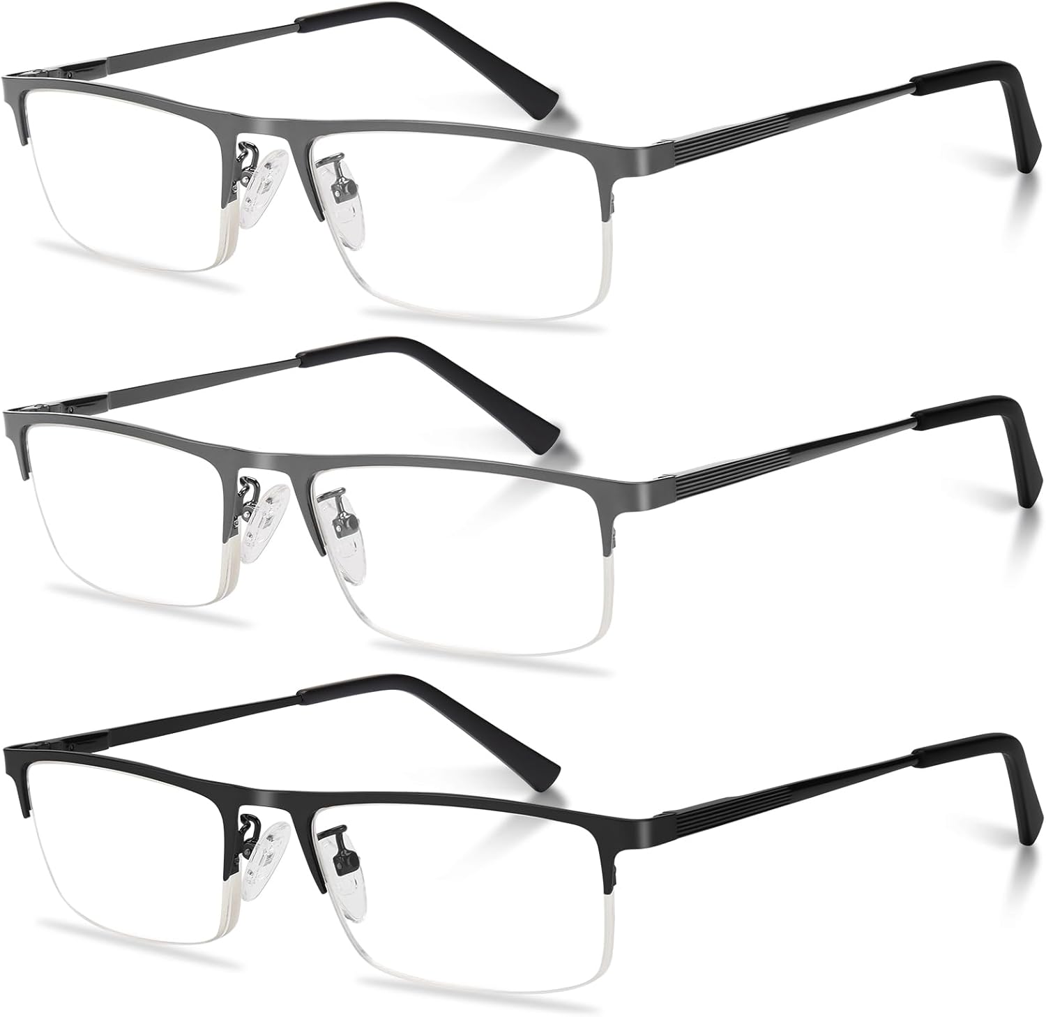 3-Pack Reading Glasses for Men, Lightweight Metal Half Frame Blue Light Blocking Computer Readers, Stylish Filter UV Ray/Computer Glare with Spring Hinge Eyeglasses(2PCS Gray+1PCS Black,+2.0)