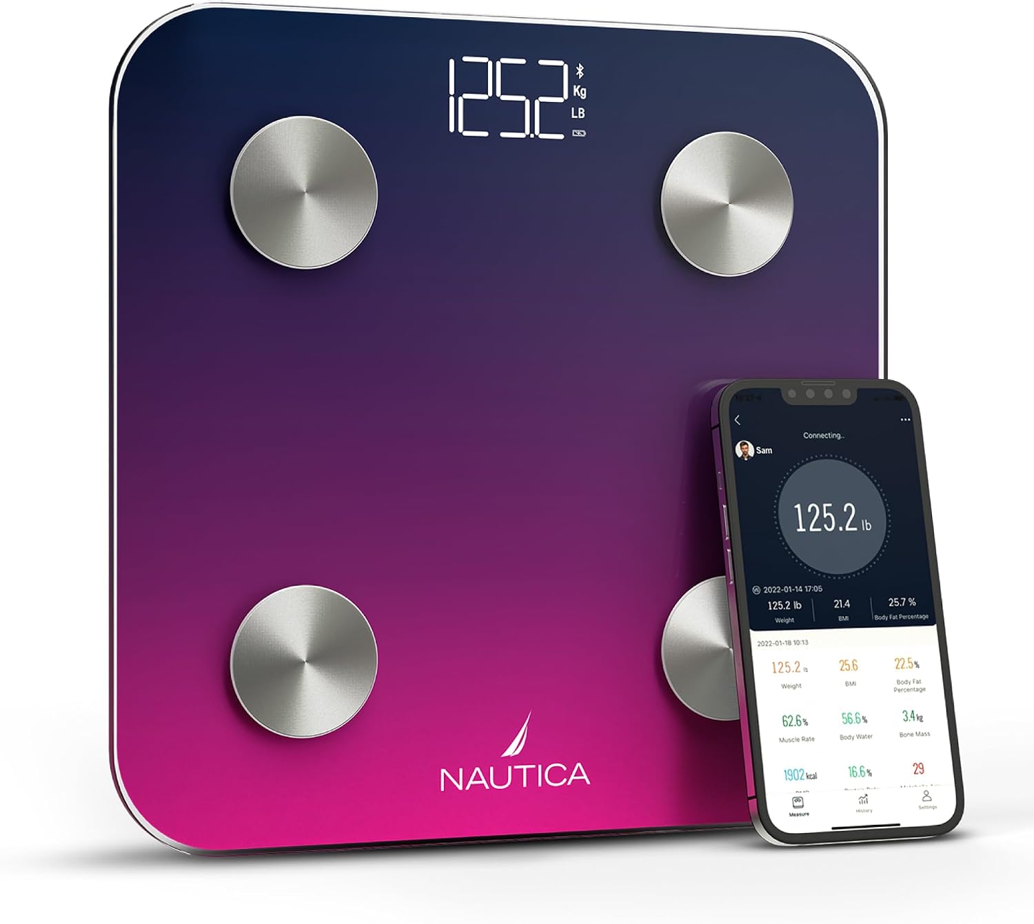 Nautica Body Tracker Digital Bathroom Scale, Bluetooth-Enabled Smart Scale with BMI, Body Fat, Muscle Mass Tracking & More, Syncs with Smartphone App for Body Composition Tracking, 396 Lbs.