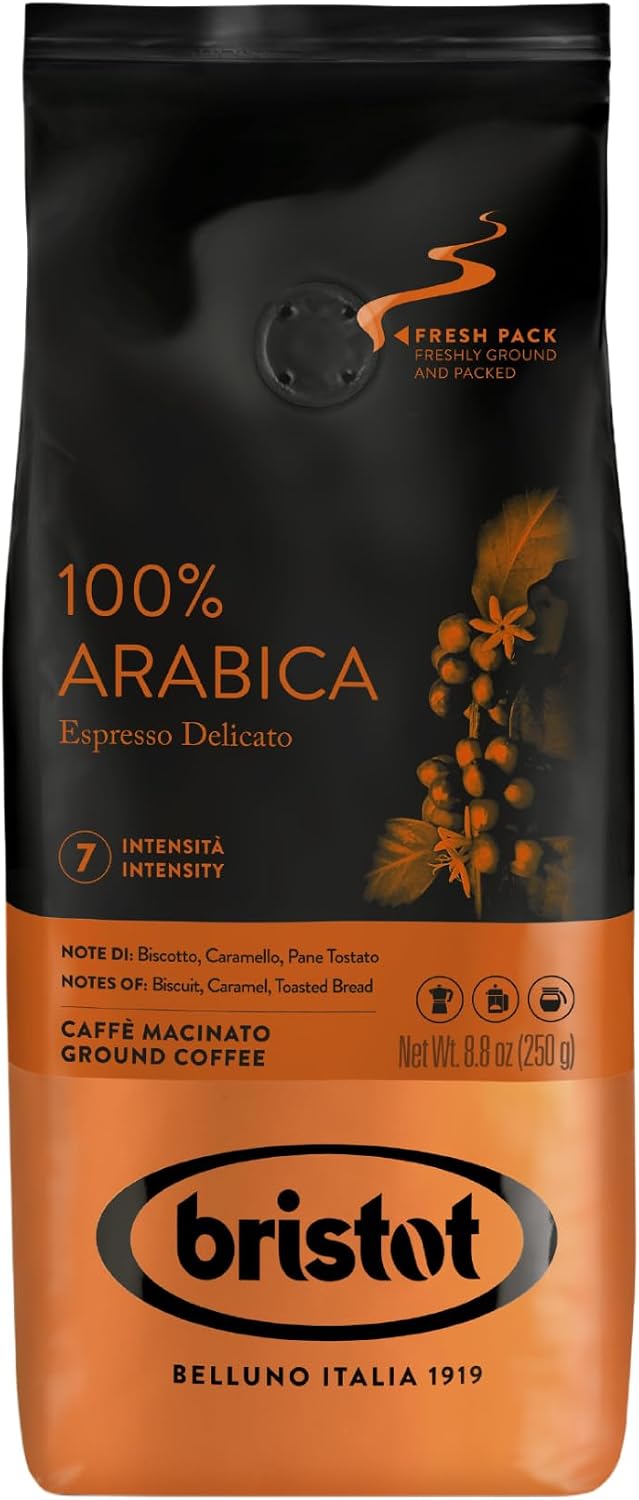Bristot 100% Arabica Ground Coffee – Italian Espresso Delicato – Medium Roast – Ground Coffee for Moka Pot, French Press & Pour Over – 8.8oz (250g)