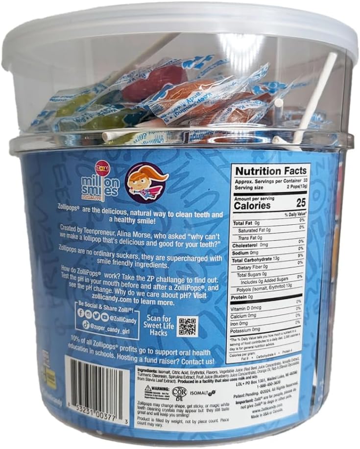 Zollipops Clean Teeth Pops Sugar Free Candy with Xylitol, Dye-Free Lollipops - Keto & Diabetic-Friendly, Dentist-Approved Treats for Kids (Natural Fruit Flavors, 1lb Tub)