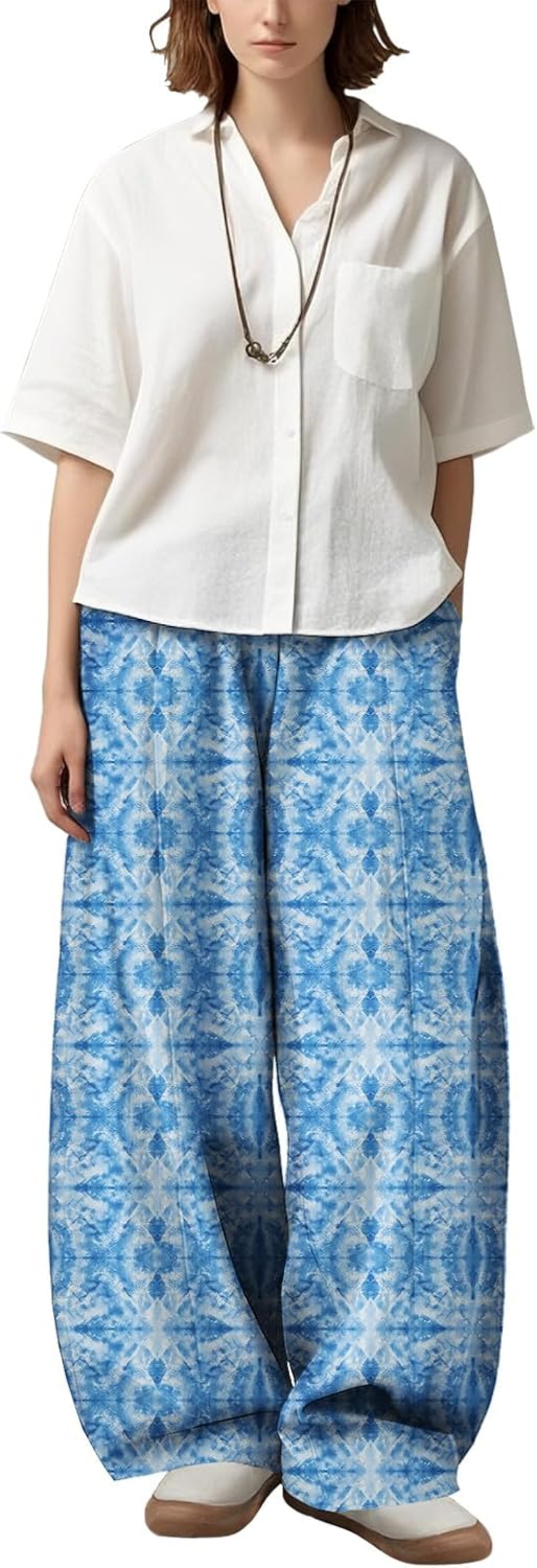Women's Blue White Tie Dye Wide Leg Pants Flowy Fall Lounge Trousers Relaxed Fit Breathable Beach Yoga Casual