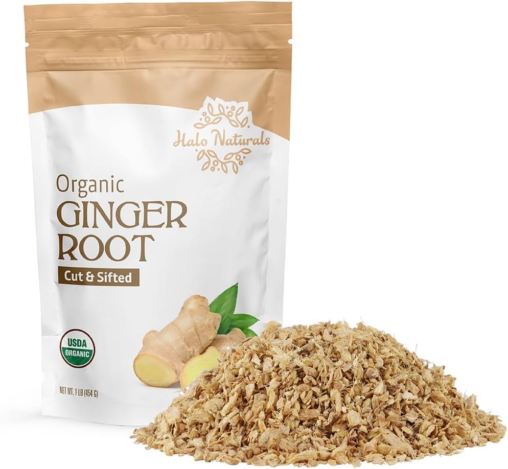 Halo Naturals Organic Ginger Root Cut & Sifted, 1 Pound (Zingiber officinale) USDA Certified | Resealable Pouch| Packaged in The USA