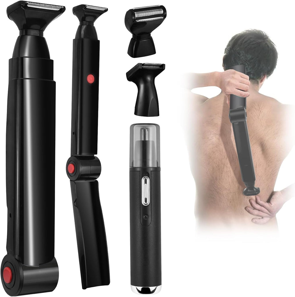Back Shavers for Men Long Handle,Multifunctional Self-Service Electric Back Hair Razor with Adjustable Handle,Men's Back Shaver wiht Nose Hair Trimmer Set and 2 Shock Absorber Flex Heads-Black