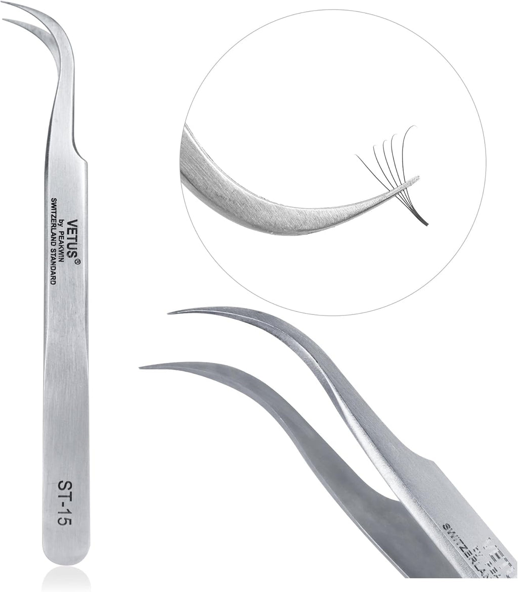 LASHVIEW Lash Tweezer, Vetus Curved Eyelash Tweezers for Profissional Grafting Eyelash Extension, Stainless Steel Needle Nose Tweezers for Lash Extension Stickers Precision Electronics, ST15