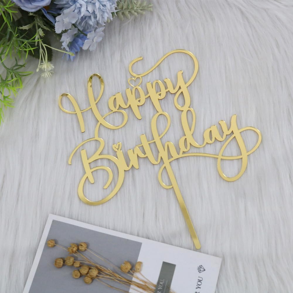 1 PCS Happy Birthday Cake Topper for Celebrating Happy Birthday Anniversary Party Cake Decorations Supplies Glitter (Golden acrylic)