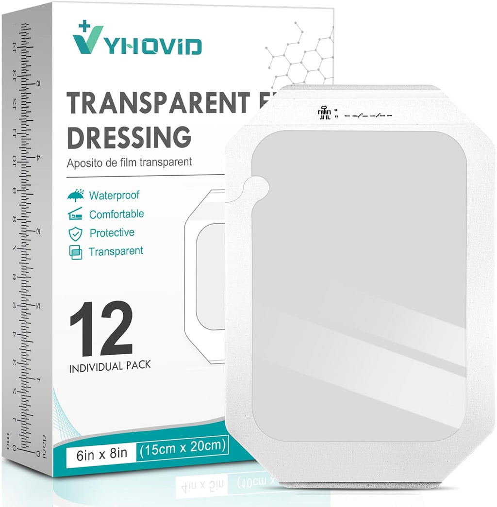 Transparent Film Dressing 6'' x 8'' Box of 12 - Waterproof Bandages for Swimming, Showering, Wounds, Post Surgical Shower or IV Shield, Tattoo Aftercare Bandage, Scar Therapy, Adhesive Patches