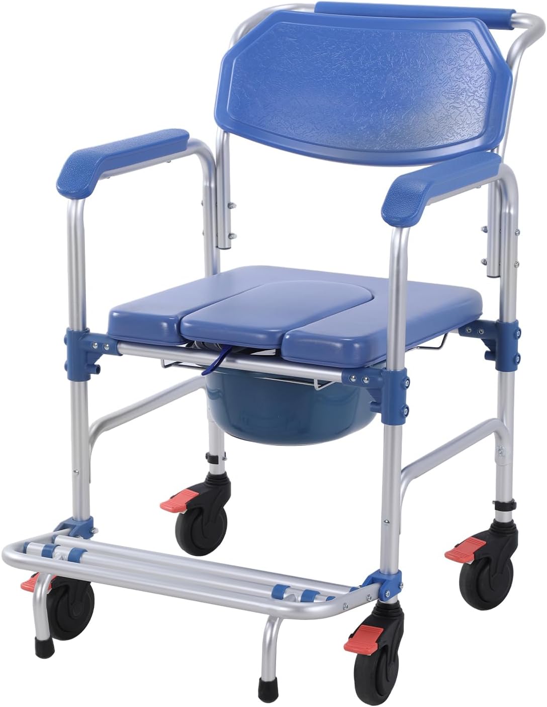 3 in 1 Foldable Rolling Shower Chair with Wheels Drop Arms Adult Chair for Seniors Bedside Commode Anti-Tilt Foldable Footrest Holds Up to 330 Lbs Removable Bucket for Disabled and Pregnant (01)