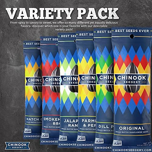 Chinook Seedery Roasted Sunflower Seeds to Eat - 8 Flavor Sampler Pack 1.5 oz (Pack of 8) Jumbo Low Sodium Sunflower Seeds Keto Snacks - Adventure, Baseball, School Snacks -Gluten Free, Non GMO Snacks