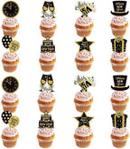 24 Pack Black Gold 2026 Happy New Year Cupcake Toppers in 8 Types Muffin Cake Toppers for New Years Eva Party Favor Supplies (Pattern-3)