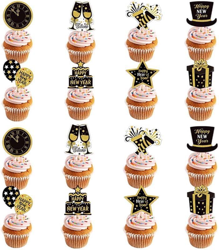 24 Pack Black Gold 2026 Happy New Year Cupcake Toppers in 8 Types Muffin Cake Toppers for New Years Eva Party Favor Supplies (Pattern-3)