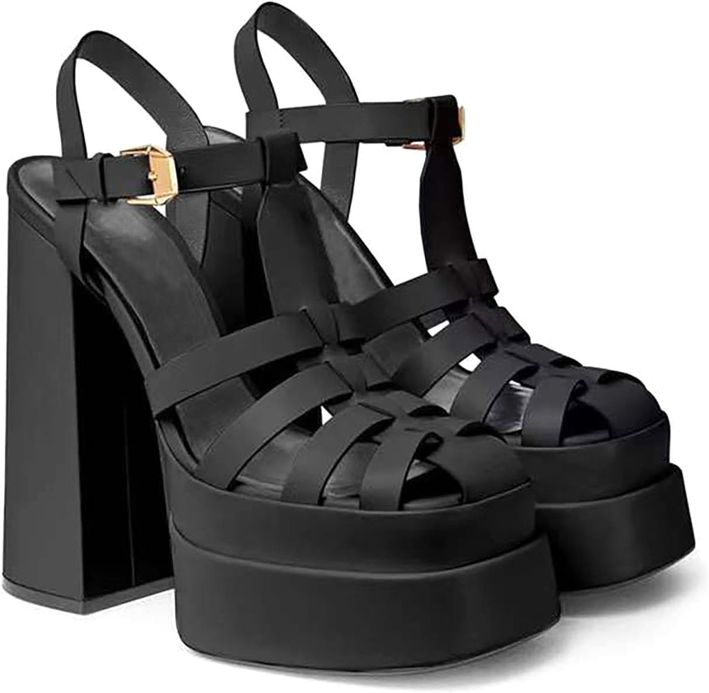 Women's Fashion Rome High Heel Platform Chunky Buckle Up Square Half Open Toe Pumps 16cm/6.3in Sandals
