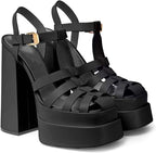 Women's Fashion Rome High Heel Platform Chunky Buckle Up Square Half Open Toe Pumps 16cm/6.3in Sandals