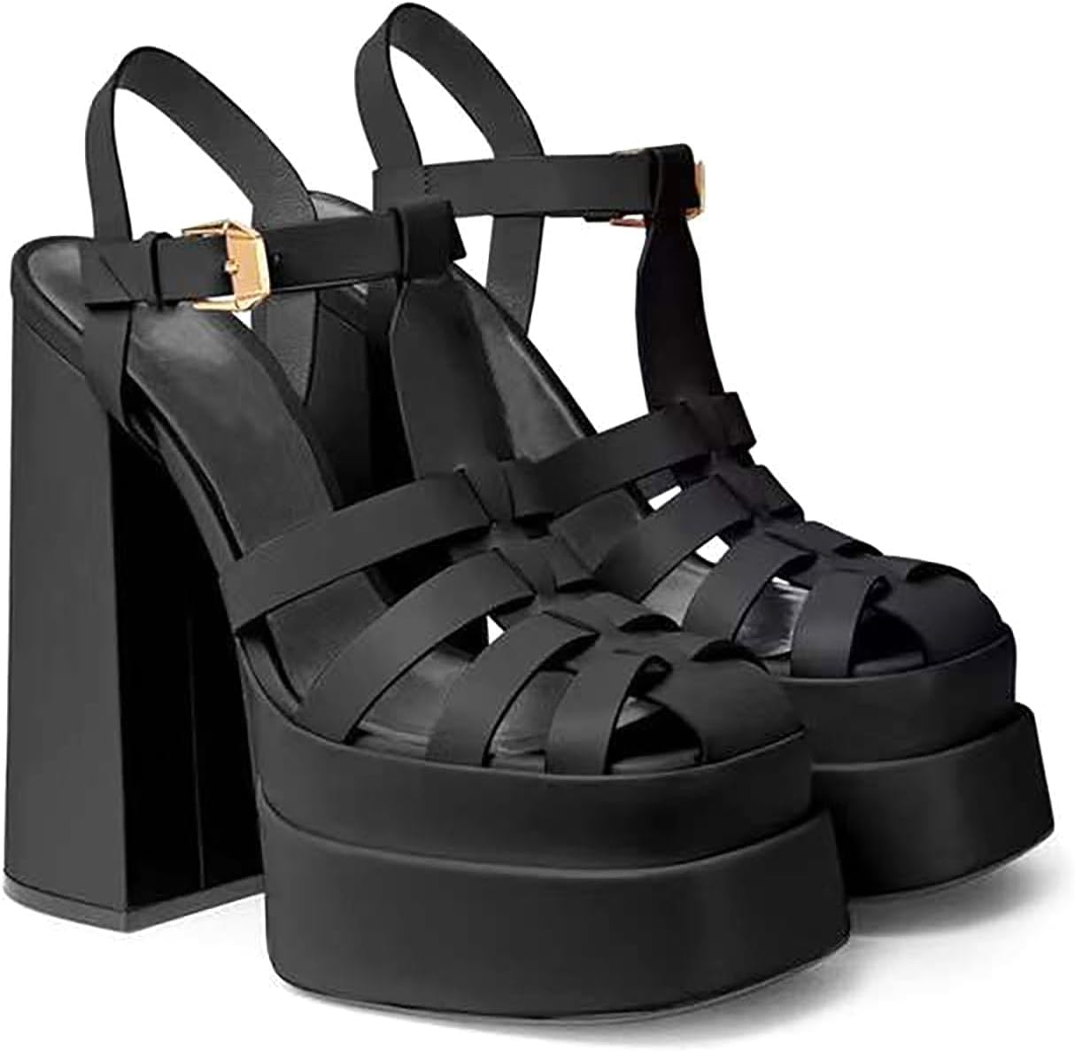 Women's Fashion Rome High Heel Platform Chunky Buckle Up Square Half Open Toe Pumps 16cm/6.3in Sandals