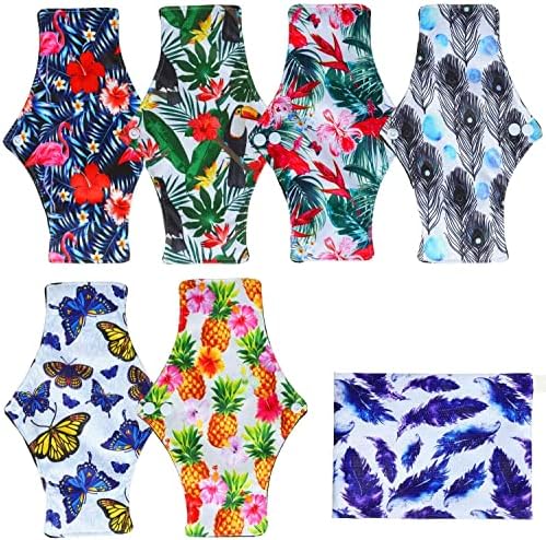 7 Pcs Reusable Waterproof Menstrual Pads Sets Including 1Pc Mini Wet Bag and 6Pcs Regular Flow Menstrual Pads Mama Cloth Sanitary Napkins