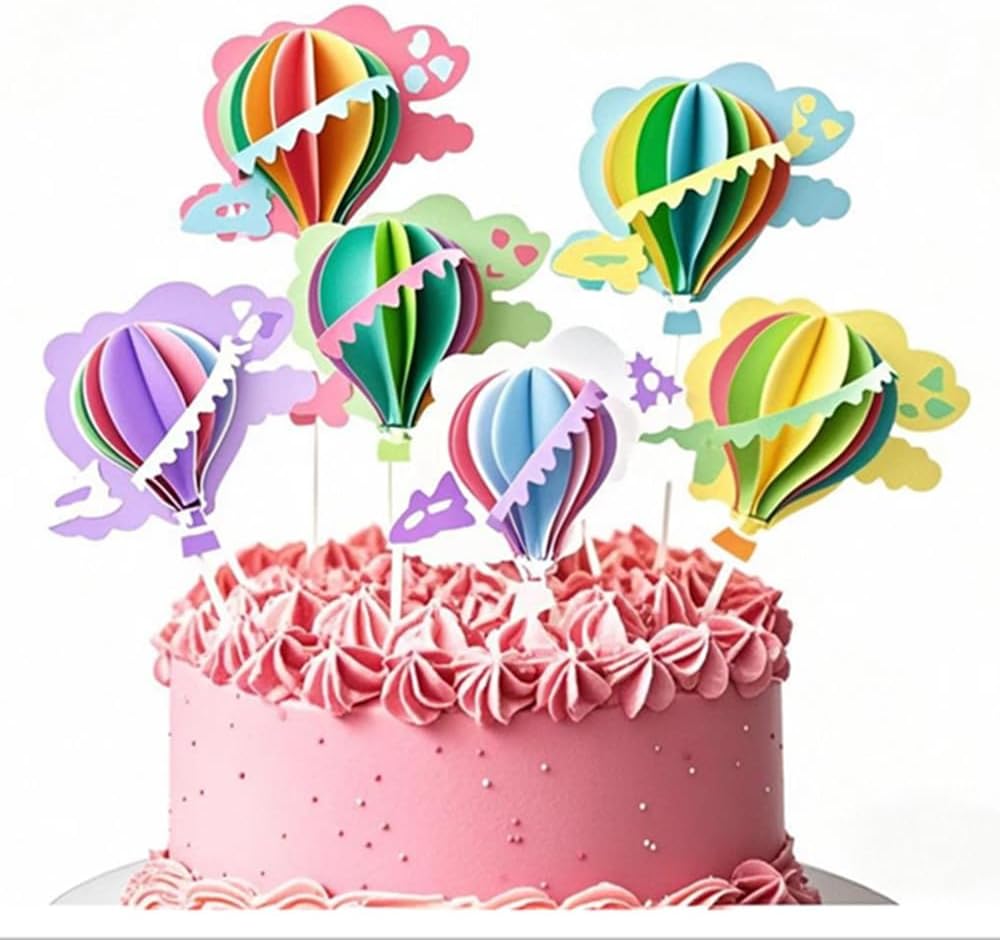 12Pcs 3D Hot Air Balloon Paper Cupcake Topper, Birthday Cake Decorations with Airplane Stars for Kids Birthday, Baby Shower, Wedding, Party Decorations Supplies (Pink,Yellow,Blue,Green,Purple,White)