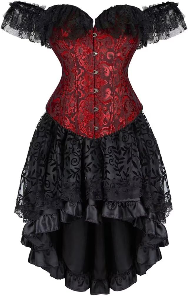 Jutrisujo Corset Dress Skirt Top Set Bustier for Women with Sleeves Off The Shoulder Lace Floral Plus Size