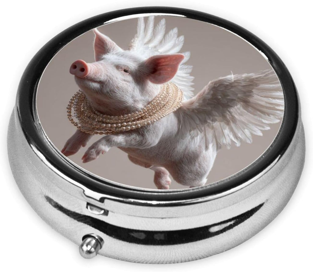 Flying Pig with Wings Round Pill Case, Portable Pill Box for Pocket Metal Medicine Vitamin Organizer 3 Compartment Three Times A Day