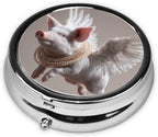 Flying Pig with Wings Round Pill Case, Portable Pill Box for Pocket Metal Medicine Vitamin Organizer 3 Compartment Three Times A Day