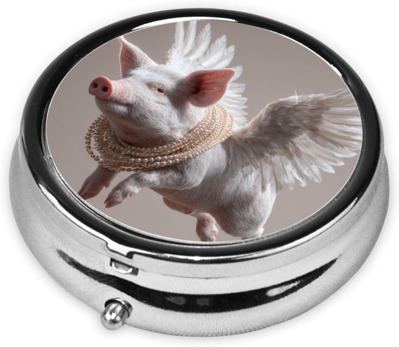 Flying Pig with Wings Round Pill Case, Portable Pill Box for Pocket Metal Medicine Vitamin Organizer 3 Compartment Three Times A Day