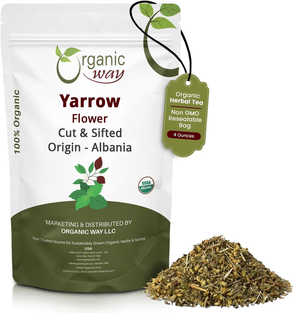 Organic Way Yarrow Flower Cut & Sifted (Achillea millefolium) - Herbal Tea | European Wild-Harvest | Kosher & USDA Certified | Vegan, Non-GMO & Gluten Free | 100% Raw from Albania (1/4LBS / 4Oz.)