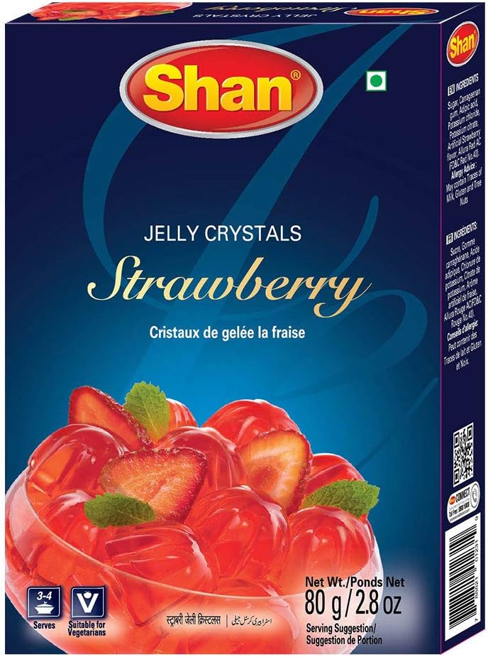 Shan Jelly Crystals Strawberry 2.82 oz (80g) | Cristaux De Gelee la Fraise | Quick & Easy Instant Jello | Vegetarian-Friendly Strawberry Flavor | Airtight Bag in a Box