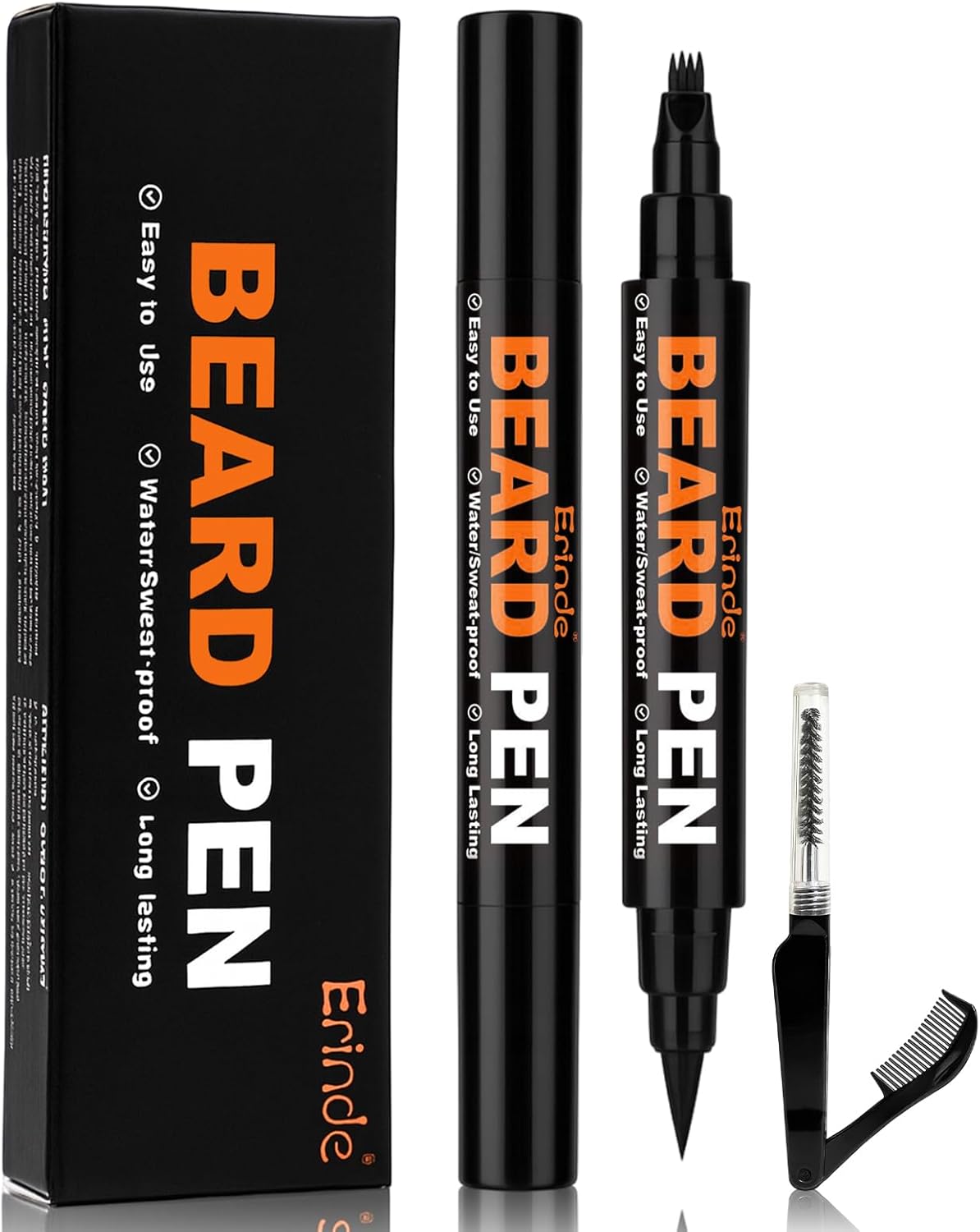 Erinde Beard Pencil Filler for Men Black (2 Pack) - 4-Tip Beard Filler, Waterproof Long Lasting Beard Pen Kit with 2 Fillers & 1 Brush, Stocking Stuffers for Men