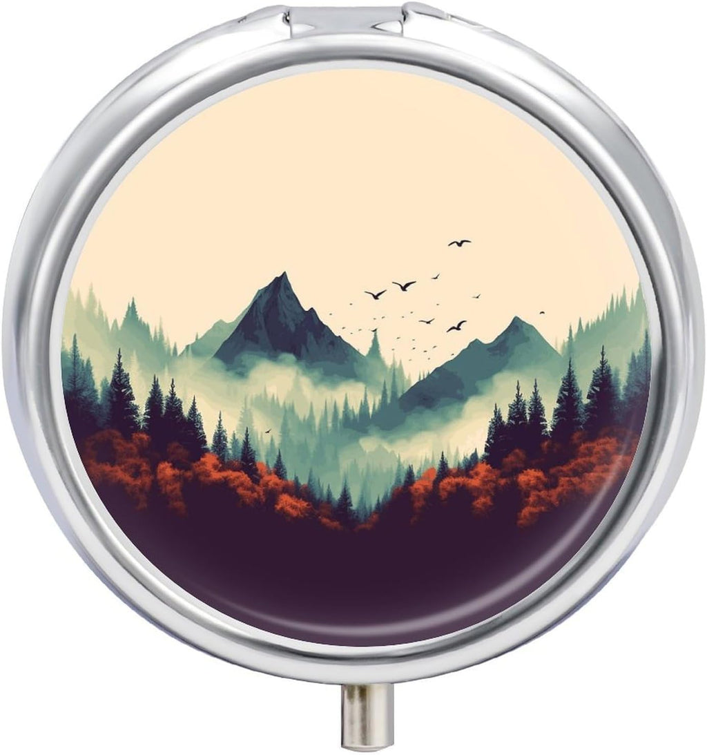 Pill Box Landscape Mountain Round Pill Case 3 Compartment Mini Metal Travel Pillbox for Purse Small Cute Medicine Pill Organizer Portable Pill Container Holder for Daily Medicine Vitamin