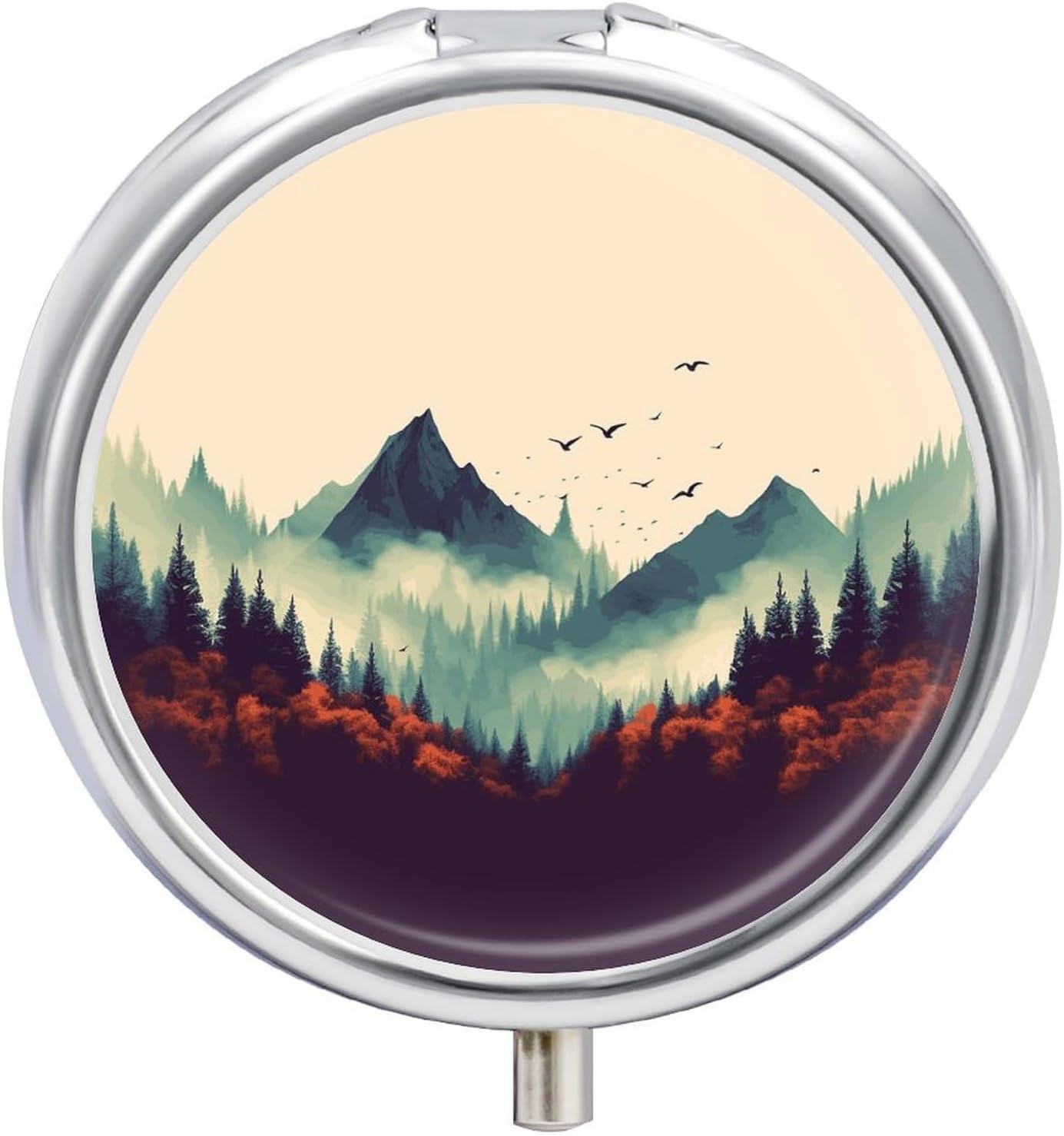 Pill Box Landscape Mountain Round Pill Case 3 Compartment Mini Metal Travel Pillbox for Purse Small Cute Medicine Pill Organizer Portable Pill Container Holder for Daily Medicine Vitamin