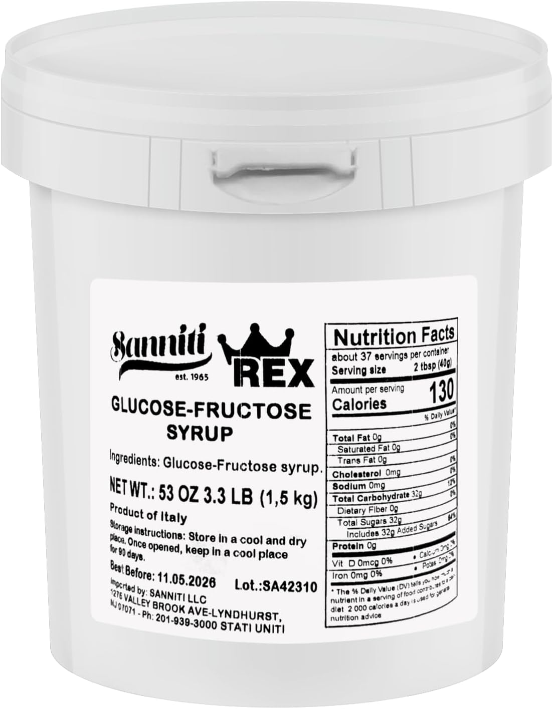 Rex Glucose Fructose Syrup | Product of Italy | Perfect for Baking, Confectionery, Beverages, Sauces, and More, 3.3 Lbs (1.5 kg)